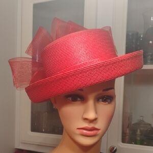Elegant Women's Red Straw Cocktail Hat with Bow